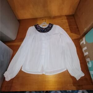Vintage 80s Jamboree White Beaded Collar Blouse Size 8 Cottagecore Pleated